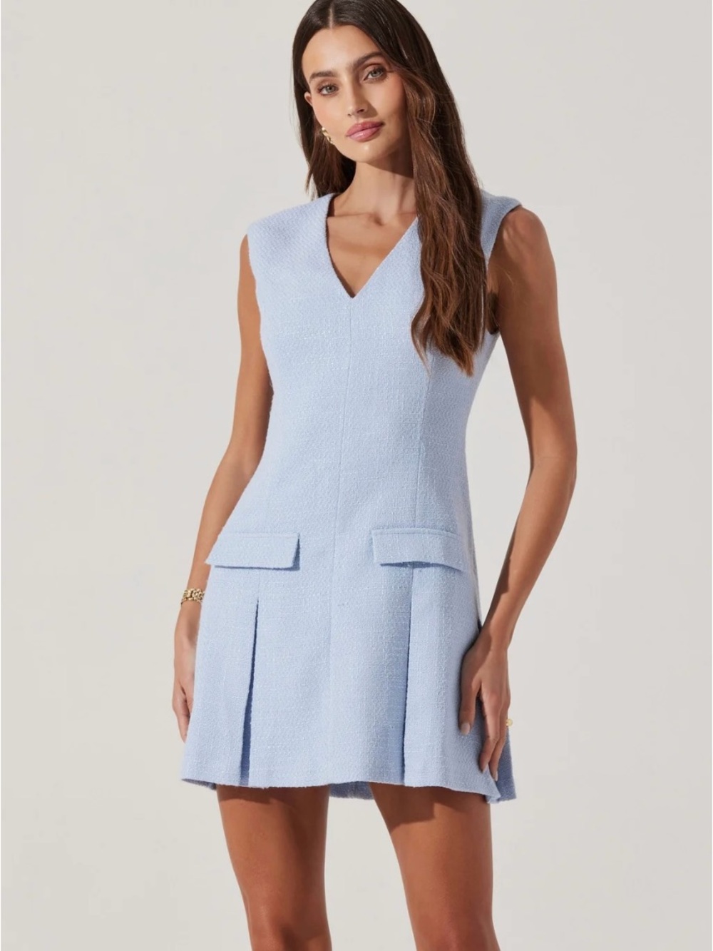 Astr Sleeveless Light Blue Tweed Mini Dress